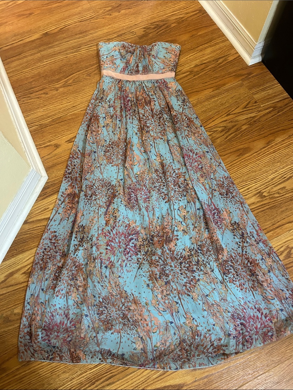 BCBGMaxAzria Light Blue Strapless Floral Dress with Peach Accents